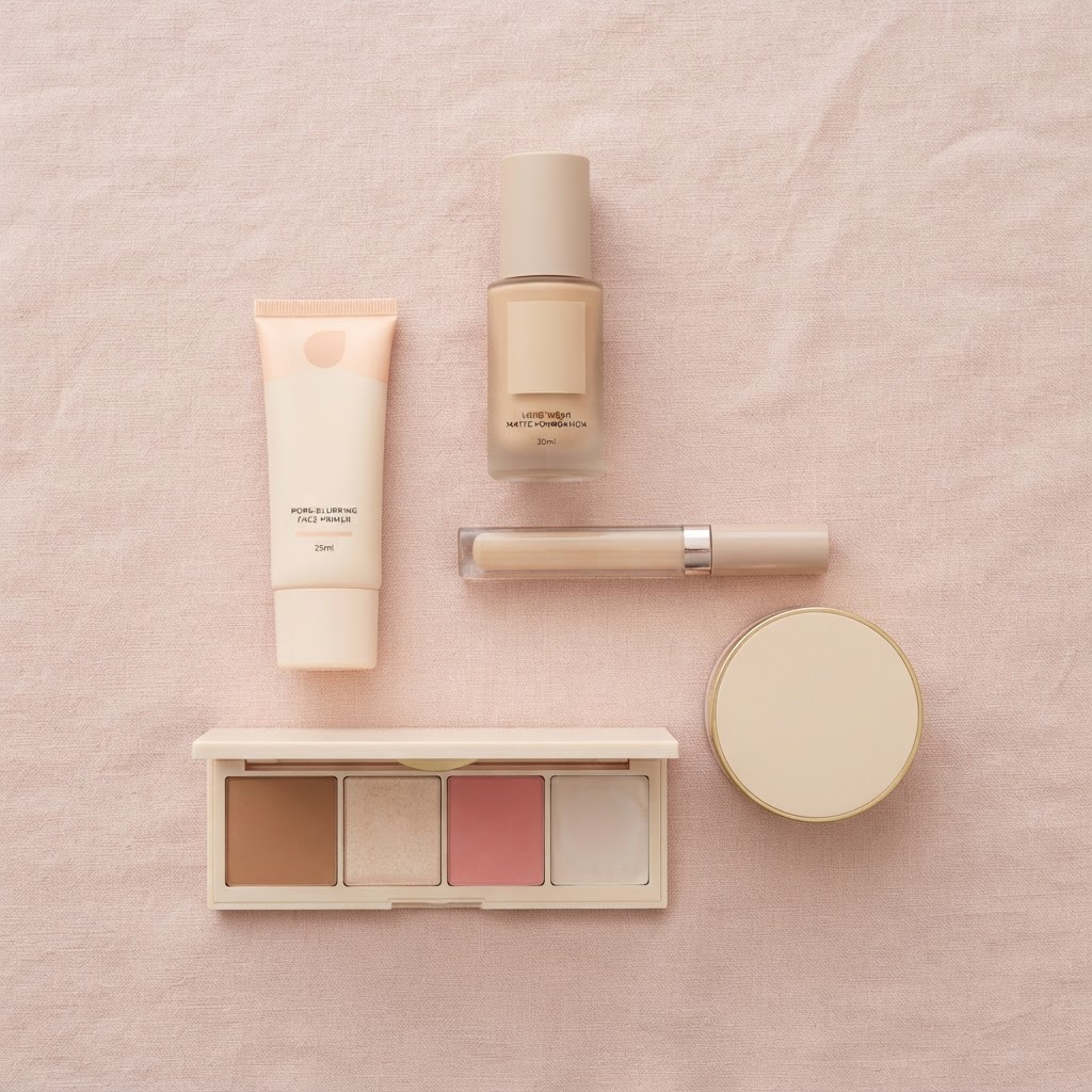 A flatlay of the best makeup for oily skin on a soft pink surface