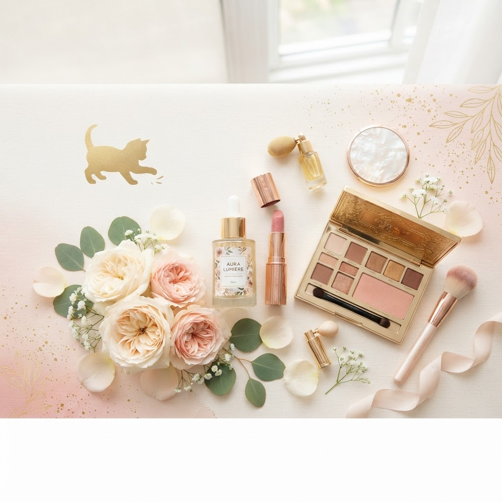 An elegant flat lay of skincare, makeup, and cat care products in cream and blush tones